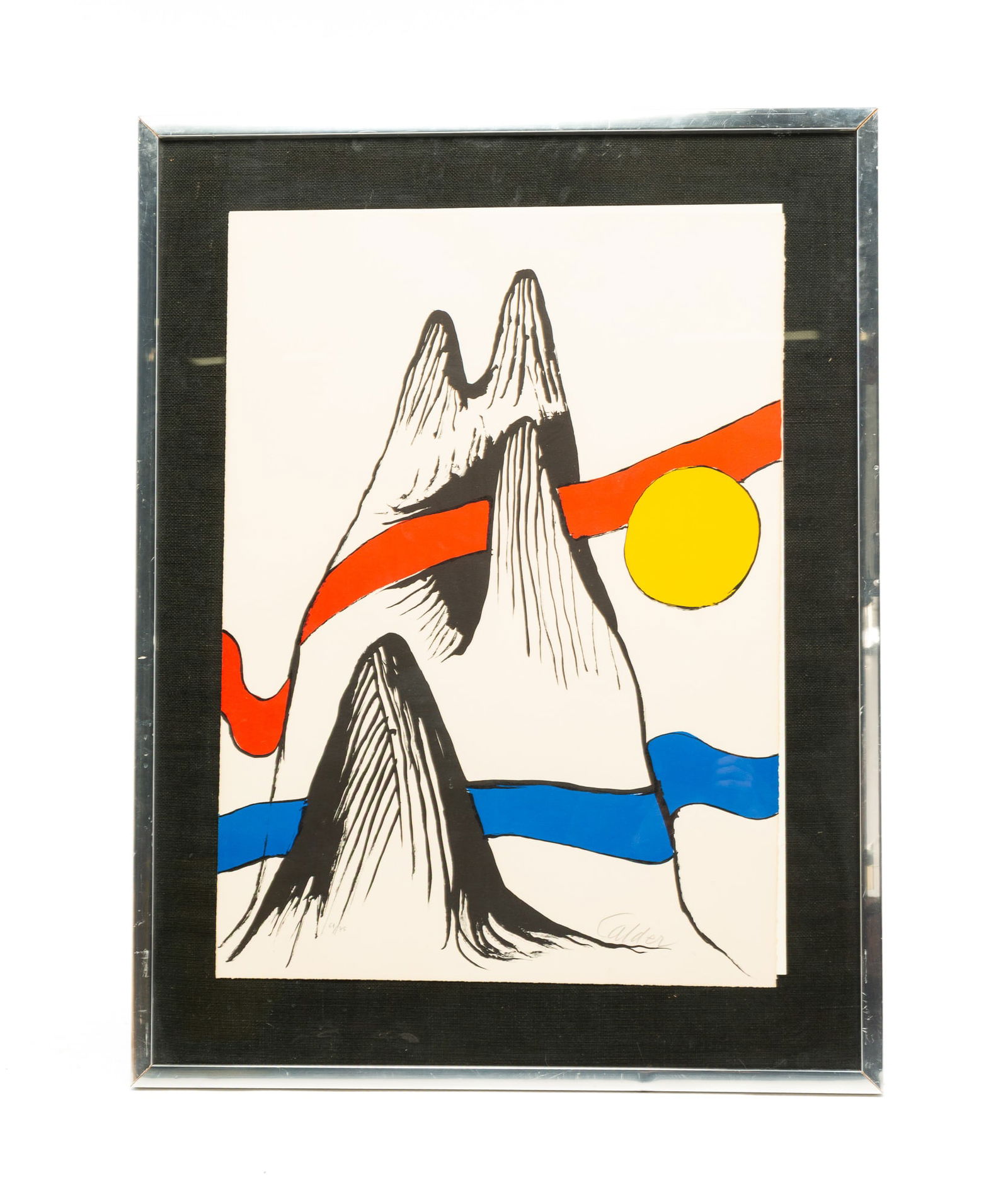 "LES RUBANS" BY ALEXANDER CALDER (1898-1976): American, circa 1970. Lithograph in colors on Arches paper. Abstract depiction of striated mountains with bands of red and blue with a yellow sun. Numbered "61/75" at lower left and signed "Calder" at