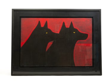 LARGE PASTEL DRAWING OF TWO WOLVES BY CAROLE LAROCHE.