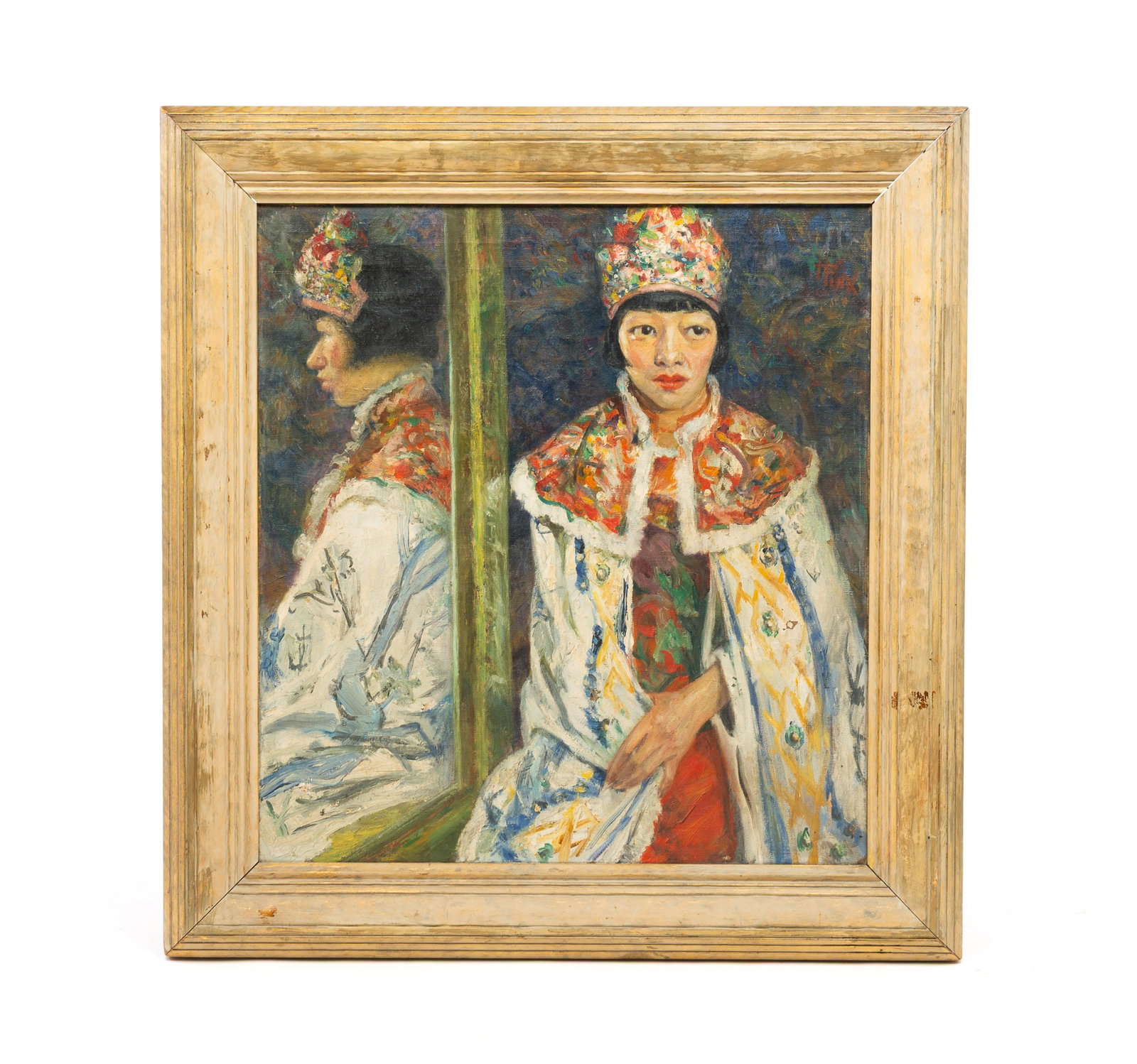 FRAMED PORTRAIT PAINTING SIGNED "H. FINK".: American, 20th Century. Oil on canvas. Woman wearing a cloak and a flower crown sitting next to a mirror. Signed H. Fink to top right. 28"h. 26"w. In gilt frame, 35.75"h. 33.75"w.