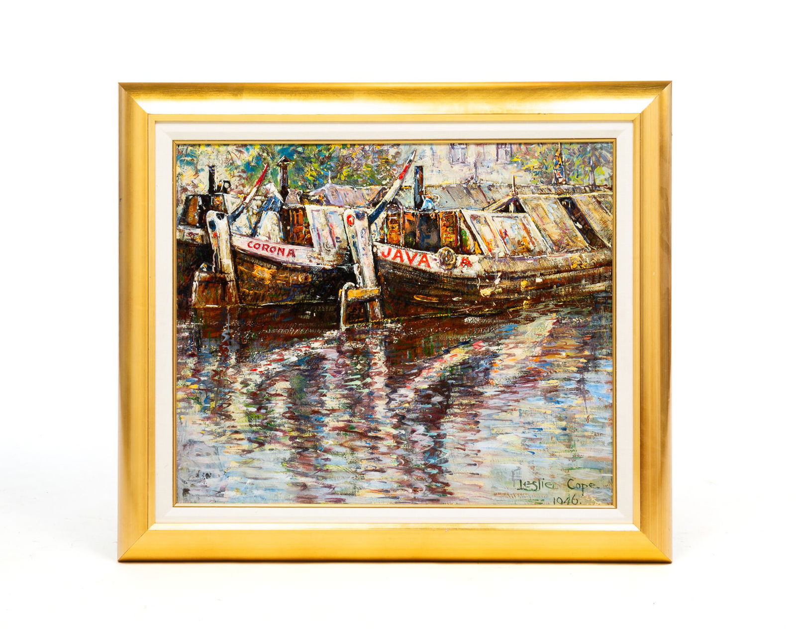 "ON THE MERSEY WEAVER CANAL, STAFFORDSHIRE" BY LESLIE COPE (1913-2002).: American (Ohio), dated 1946. Oil on board. Signed and dated lower right. Water scene with docked boats 'Corona' and 'Java'. In gold frame with linen liner, 26.25"h. 30.25"w.