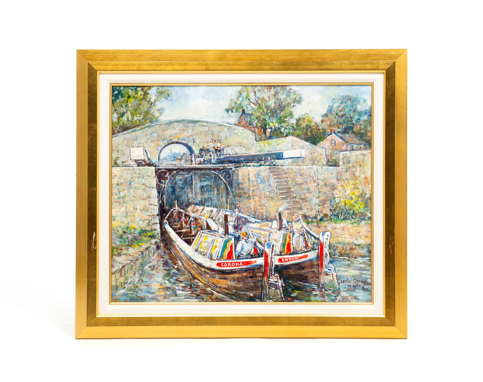 "ON THE MERSEY WEAVER CANAL, STOKE-ON-TRENT" BY LESLIE COPE (1913-2002).: American (Ohio), dated 1940-'95. Oil on board. Two boats on the canal heading under a bridge. In gold frame with linen liner, 25.75"h. 29.75"w.