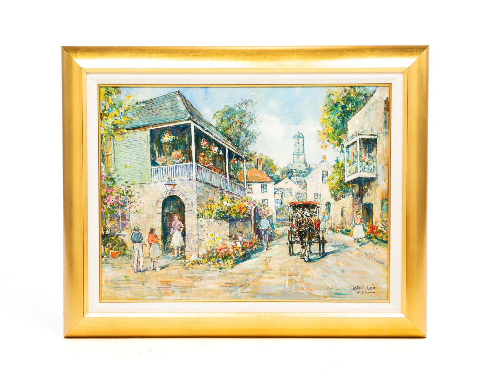 "WITH APPOLOGIES TO ST. AUGISTINE FLORIDA" BY LESLIE COPE (1913-2002).: American (Ohio), 20th Century. Oil on board. Signed and dated lower right. Busy, flower filled street with people chatting and a horse and wagon trotting along. In gold frame with linen liner, 24"h. 3