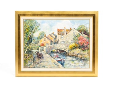 "THE VILLAGE BRIDGE" BY LESLIE COPE (1913-2002).