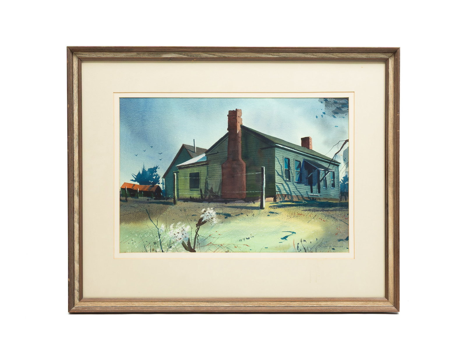 WATERCOLOR BY FLOYD D. HOPPER (AMERICAN, 1909-1984).: American (Indiana), 20th Century. Watercolor on paper. Depicting a house, signed Floyd D. Hopper at lower left. Matted and framed under glass, 24"h. 30"w.
