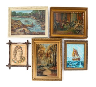FIVE FRAMED ARTWORKS.