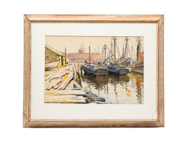 HARBOR SCENE BY JOSEPH MARGULIES (1896-1984).