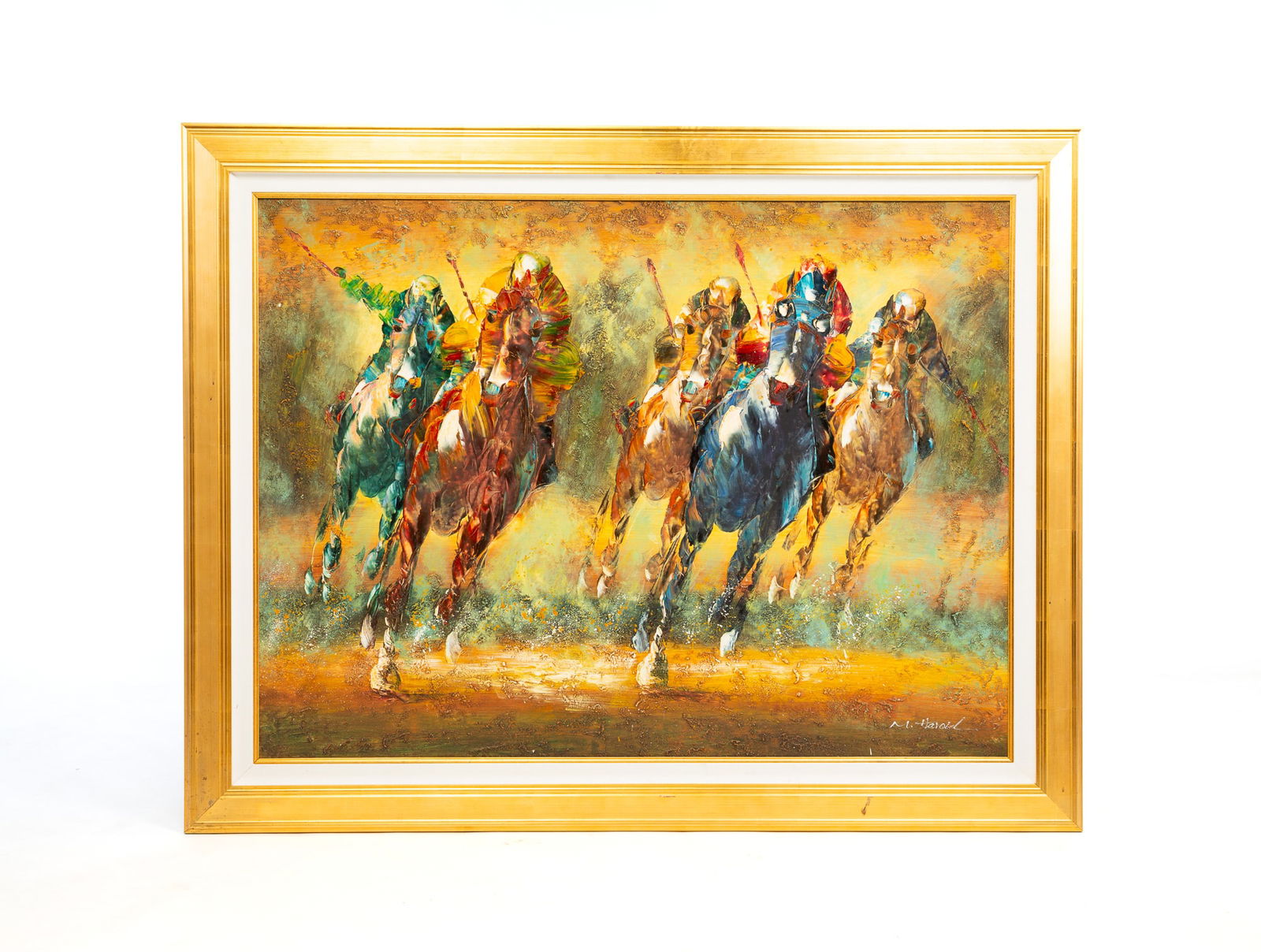 RACING HORSES SIGNED M. HAROLD.: American, 20th Century. Oil on canvas. Signed lower right. Large canvas of five jockeys on horses in a tight race. 36"h. 48"w. In gold frame with linen liner, 44"h. 56.25"w.