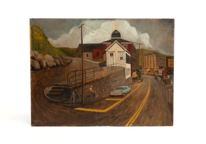 UNFRAMED STREETSCAPE PAINTING SIGNED "OLIN."
