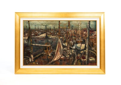 BRUTALIST HARBOR SCENE SIGNED G.C. RICHARDSON.