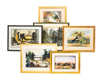 SIX FRAMED WATERCOLOR LANDSCAPES.