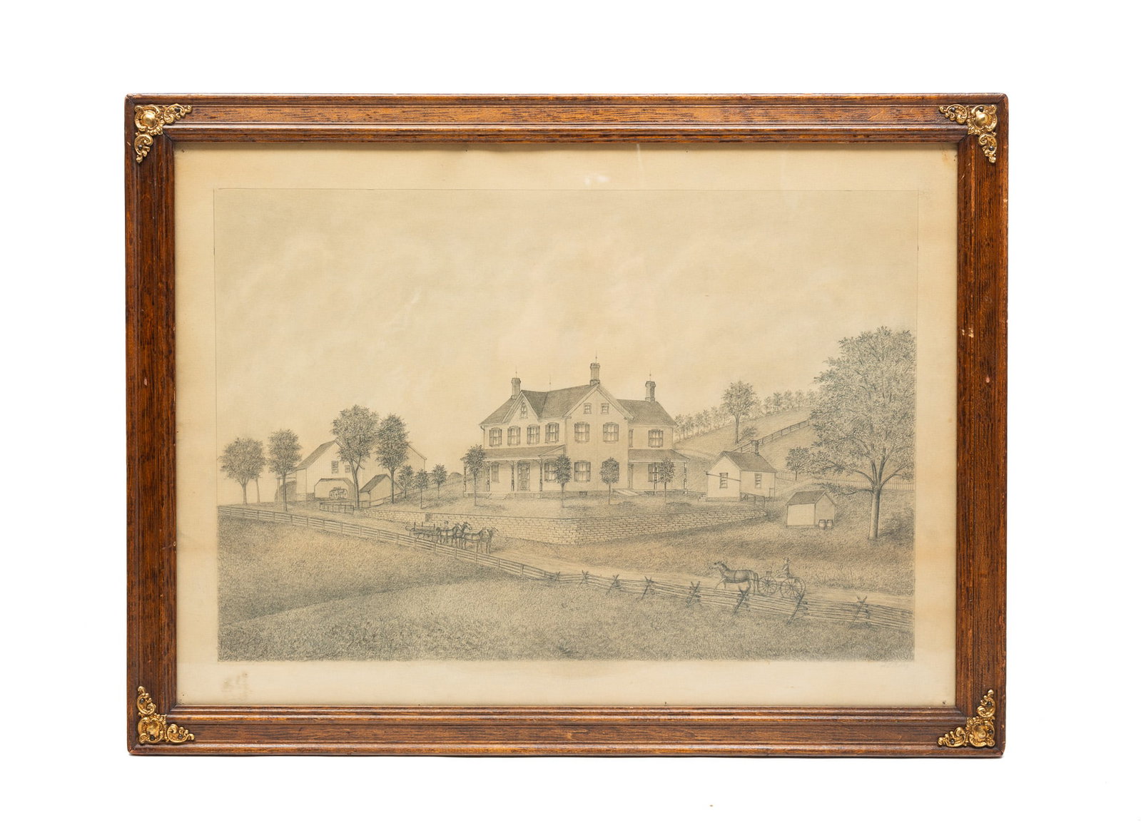 FARMSTEAD PENCIL DRAWING SIGNED A.G. BAILEY.: American, late 19th Century. Pencil on paper. Gated farmhouse with horse drawn carriages on the road and many fenced pastures. In wooden frame behind glass, 19.5"h. 26"w.