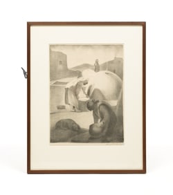 JOSEPH ADAM IMHOF (1871-1955) SIGNED LITHOGRAPH OF PUEBLO LIFE.