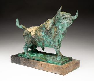 BRONZE BULL IN THE GIACOMETTI STYLE.