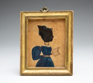 MINIATURE WATERCOLOR AND HOLLOW CUT SILHOUETTE PORTRAIT OF A LADY ATTRIBUTED TO EZRA WOOD (AKA THE