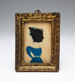 WATERCOLOR AND HOLLOW CUT SILHOUETTE PORTRAIT OF A WOMAN WITH "C" SLEEVES.