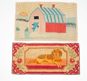 TWO PICTORIAL HOOKED RUGS.