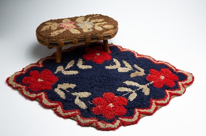 HOOKED MAT AND FOOTSTOOL.