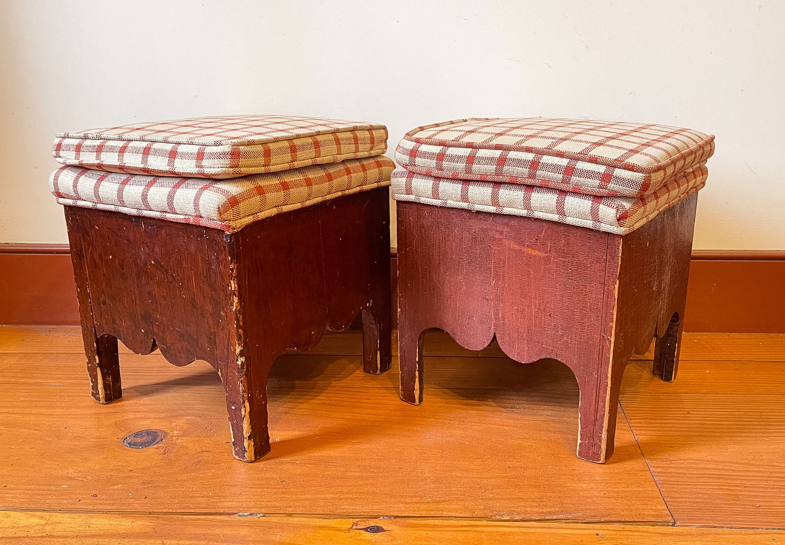 PAIR OF COUNTRY PAINTED FOOT STOOLS. (1 of 5)