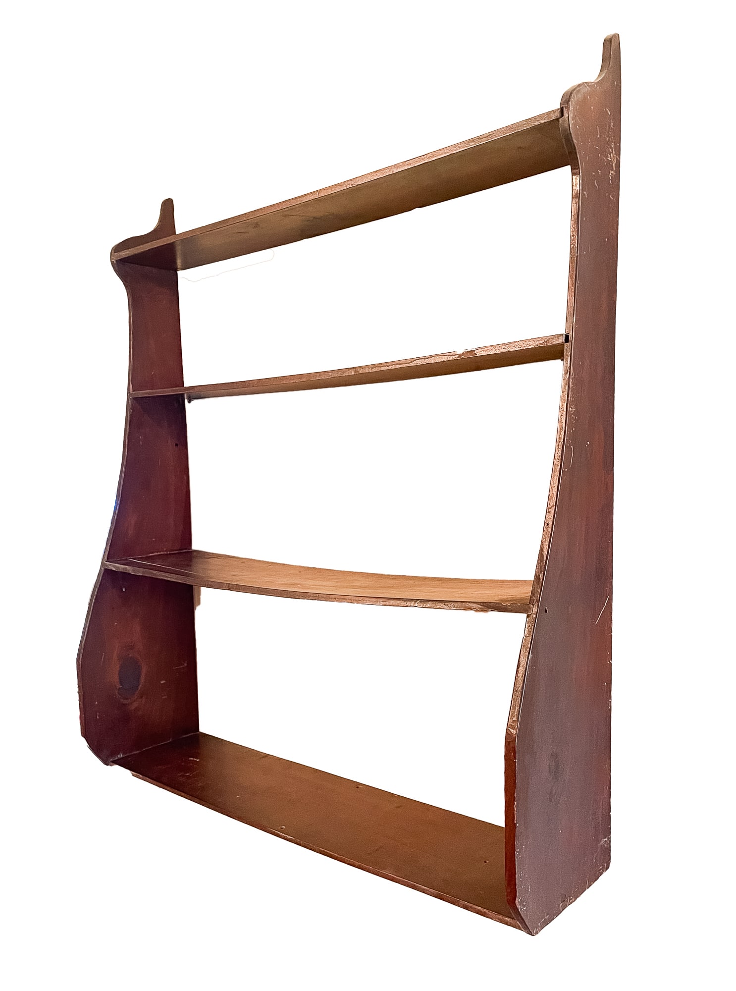 WHALE END SHELVES.: American, 19th Century. Walnut. Dovetailed frame, four shelves, square nail construction, and old alligatored finish. 32.25"h. 27"w. 7.75"d.