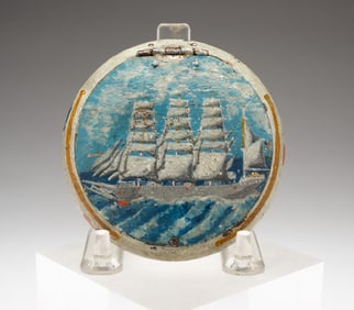 METAL SNUFF BOX PAINTED WITH A CLIPPER SHIP AND FLAGS.