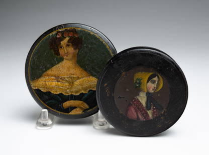 TWO PAPIER MACHE SNUFF BOXES.: European,19th Century. Round lacquered and hand decorated boxes with original paint, each depicting a demure woman. 3.5"d. and 3"d.