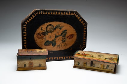 THREE PAINT DECORATED WOOD BOXES.