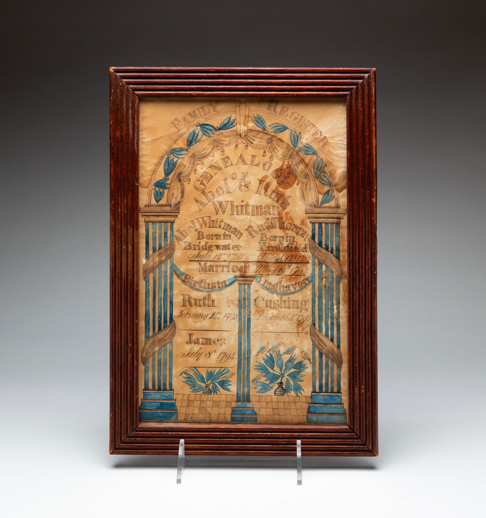 CALLIGRAPHY FAMILY REGISTER OF ABEL AND RUTH WHITMAN DATED 1796. (1 of 4)