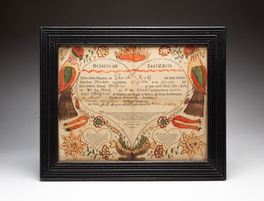 PRINTED AND HANDCOLORED PENNSYLVANIA TAUF SCHEIN (FRAKTUR) DATED 1806.