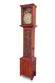 GRAIN-PAINTED AND DECORATED TALL CASE CLOCK.
