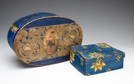 TWO DIMINUTIVE WALLPAPER BAND BOXES.
