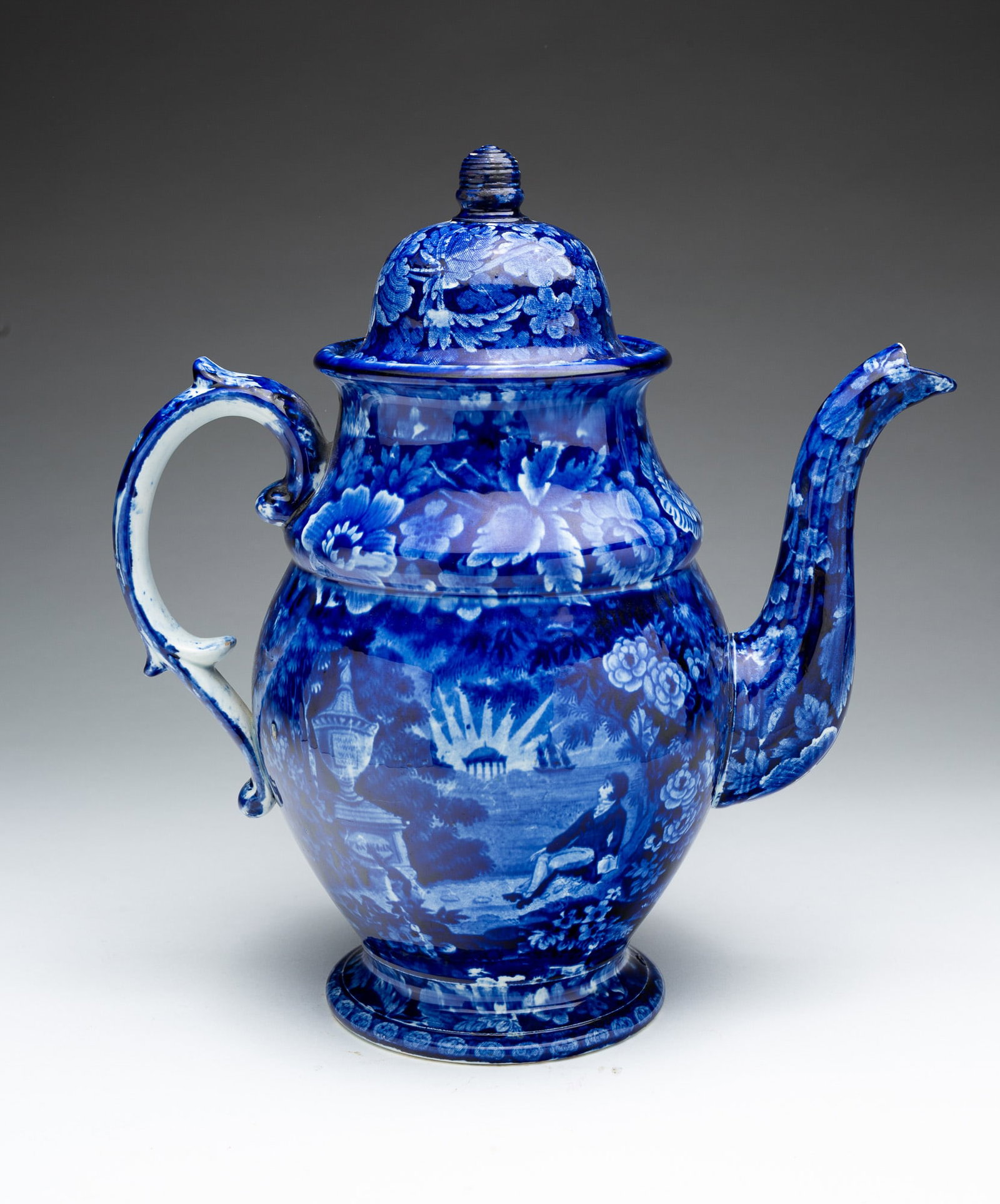 LAFAYETTE AT FRANKLIN'S TOMB HISTORICAL BLUE TALL POT.: England, mid 19th Century. Domed lid, scrolled handle, gooseneck spout, bellied body with short foot. Floral border with Lafayette at Franklin's tomb. 11.25''h.