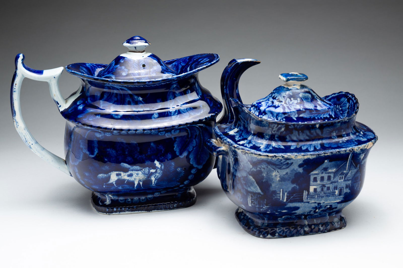 HISTORICAL BLUE COFFEE POT AND SUGAR BOWL. (1 of 5)