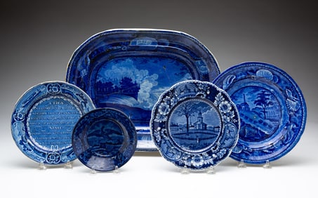 FIVE AMERICAN SCENE HISTORICAL BLUE ITEMS.