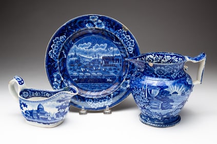 THREE HISTORICAL BLUE TRANSFERWARE ITEMS.