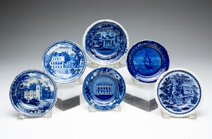 SIX HISTORICAL BLUE CUP PLATES.