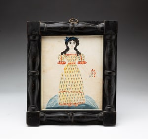 FULL-LENGTH FOLK ART WATERCOLOR PORTRAIT OF A YOUNG LADY, PROBABLY SCHWENKFELDER.