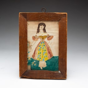 FULL-LENGTH FOLK ART WATERCOLOR PORTRAIT OF A YOUNG LADY IN THE SCHWENKFELDER MANNER.