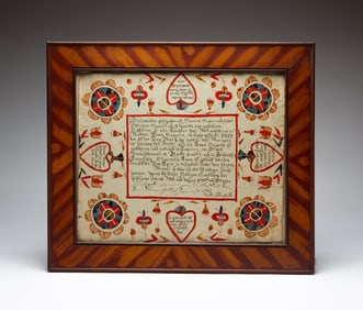 HANDPAINTED PENNSYLVANIA FRAKTUR DATED 1827 ATTRIBUTED TO MARTIN BRECHALL (ACTIVE 1783-1830).