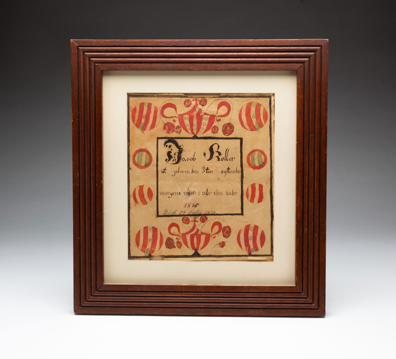 HAND-PAINTED PENNSYLVANIA FRAKTUR IN THE MANNER OF SAMUEL BENTZ DATED 1815. (1 of 3)