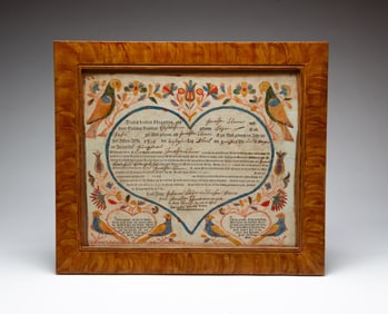 PRINTED AND HAND-COLORED PENNSYLVANIA TAUF SCHEIN (FRAKTUR) DATED 1814.