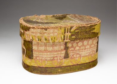 DIMINUTIVE WALLPAPER COVERED BAND BOX.