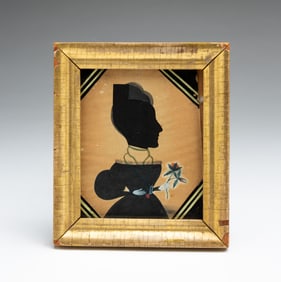 MINIATURE WATERCOLOR AND HOLLOW CUT SILHOUETTE PORTRAIT OF A LADY ATTRIBUTED TO EZRA WOOD (AKA THE
