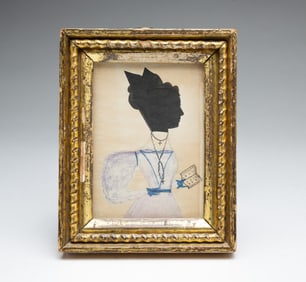 MINIATURE WATERCOLOR AND HOLLOW CUT SILHOUETTE PORTRAIT OF A LADY ATTRIBUTED TO EZRA WOOD (AKA THE