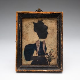 MINIATURE WATERCOLOR AND HOLLOW CUT SILHOUETTE PORTRAIT OF A LADY ATTRIBUTED TO EZRA WOOD (AKA THE