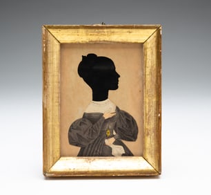 MINIATURE HAND COLORED, HOLLOW CUT, AND COLLAGED SILHOUETTE PORTRAIT OF A LADY.