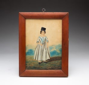 FULL LENGTH FOLK ART WATERCOLOR PORTRAIT OF A YOUNG BOY.