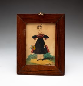 MINIATURE FOLK ART WATERCOLOR PORTRAIT OF A YOUNG LADY.