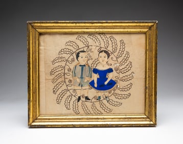 CUT PAPER COLLAGE FULL-LENGTH DOUBLE PORTRAIT OF A GIRL AND A BOY.