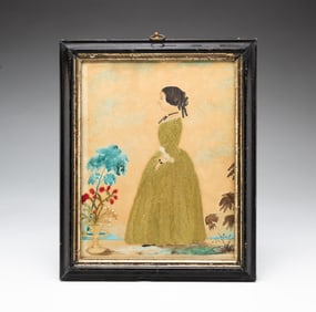 WATERCOLOR AND EMBROIDERY FOLK ART FULL LENGTH PORTRAIT OF A LADY.