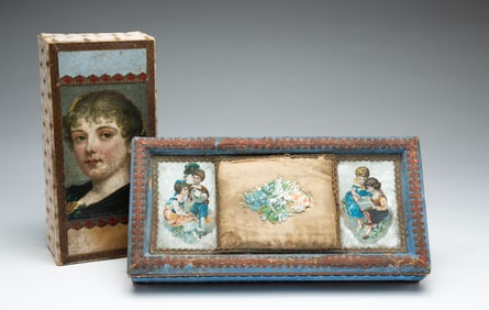 TWO DECORATED HANDKERCHIEF BOXES.